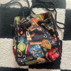 Nicole Miller vintage 90s silk drawstring bucket bag radio station print rare